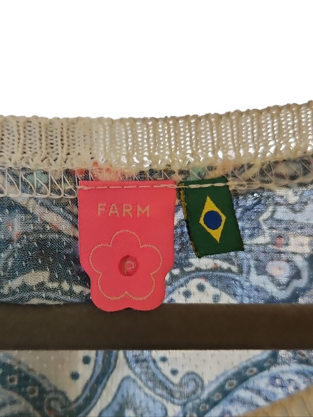 FARM Rio Azulejo Tile Blue Floral Sweater Crochet Sleeve Sz P - Picture 4 of 5